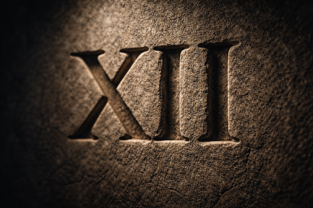 Algarismos romanos gravados em pedra antiga, simbolizando tradição, permanência histórica e linguagem cultural atemporal.