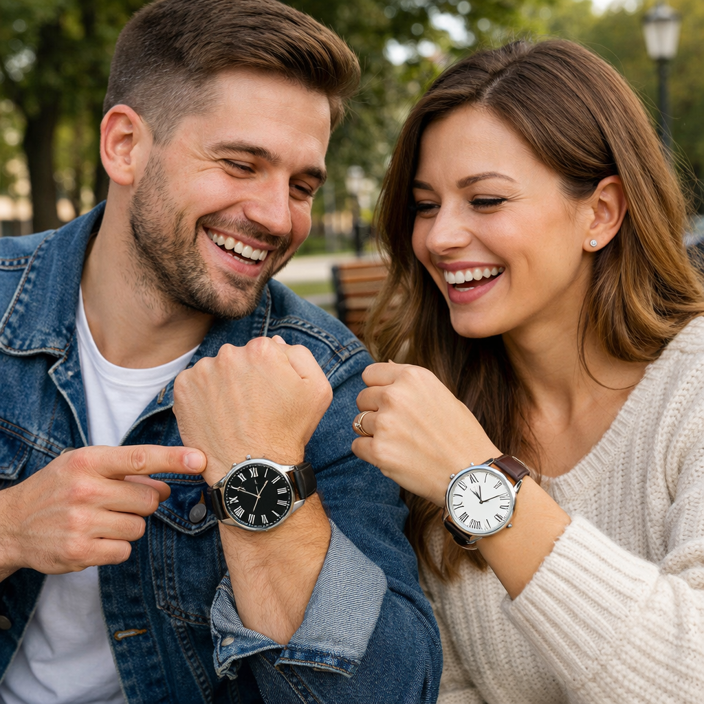 Casal sorridente sentado em um banco de praça mostra um ao outro seus relógios de pulso com algarismos romanos, em um momento leve e cotidiano ao ar livre.