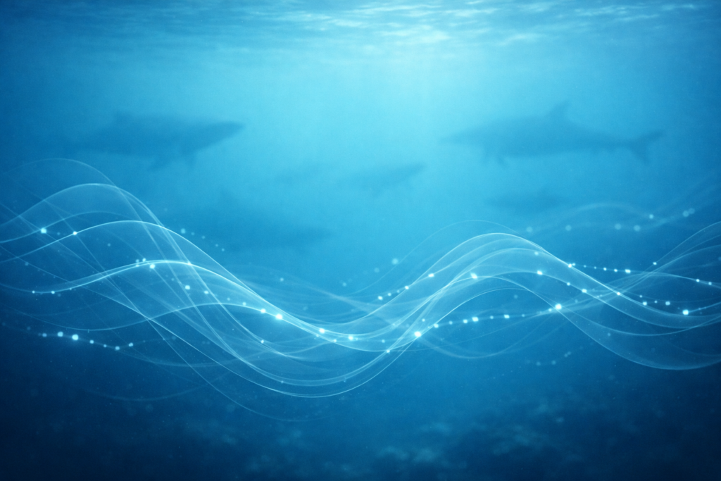 Cena subaquática com ondas sonoras abstratas e luminosas, representando comunicação acústica entre animais marinhos.