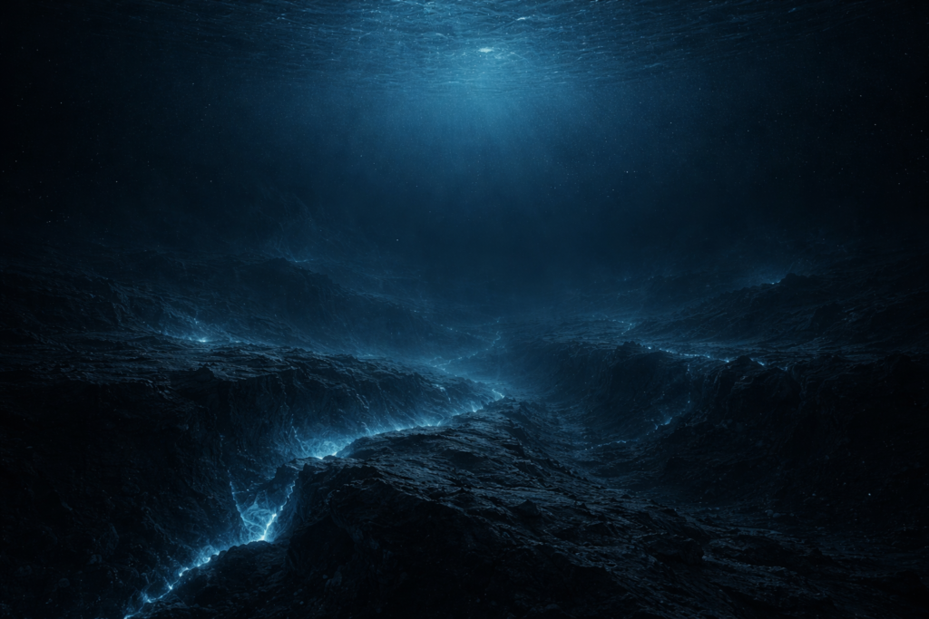Fundo do oceano profundo com relevo irregular e atmosfera escura, sugerindo atividade tectônica e sons de baixa frequência.