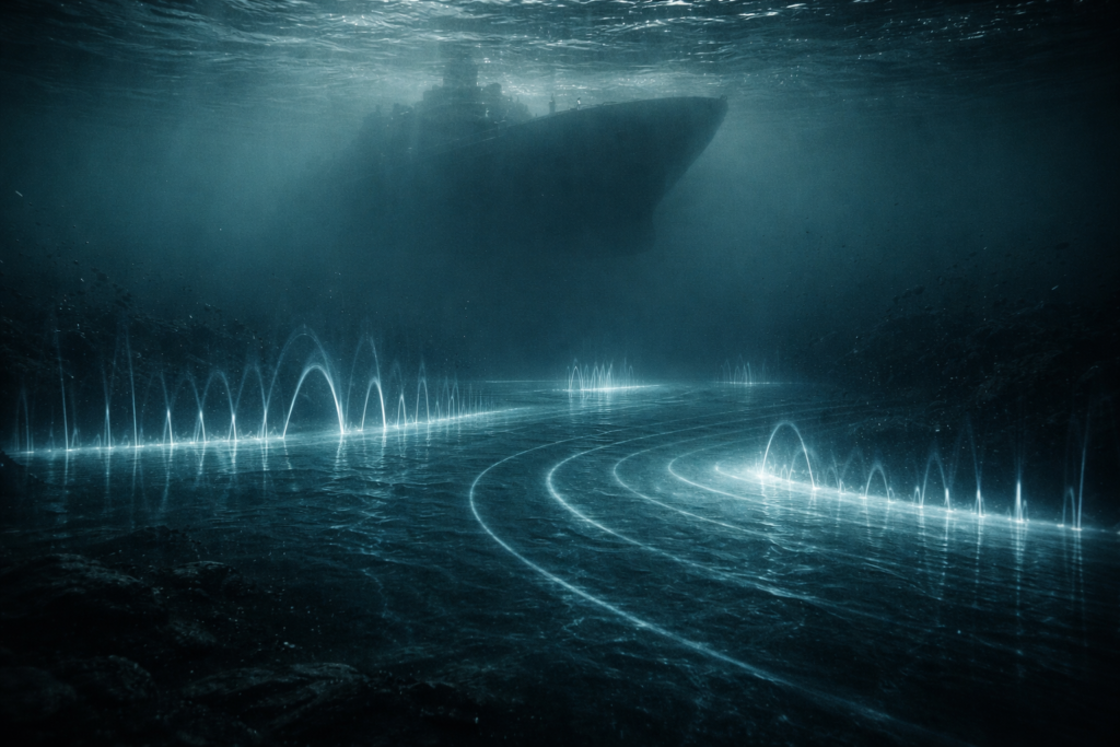 Imagem subaquática escura com ondas sonoras artificiais e sombra distante de embarcação, simbolizando poluição sonora no oceano.