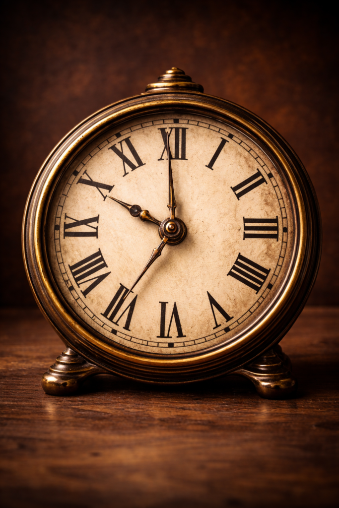 Relógio antigo completo com mostrador circular e algarismos romanos, destacando o uso do número IIII no lugar de IV, simbolizando tradição, passagem do tempo e permanência histórica.