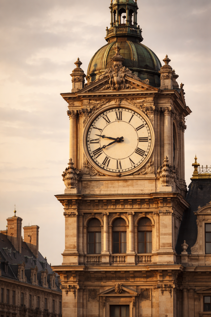 Torre de relógio histórica com algarismos romanos no mostrador, simbolizando tradição, arquitetura clássica e a passagem do tempo.
