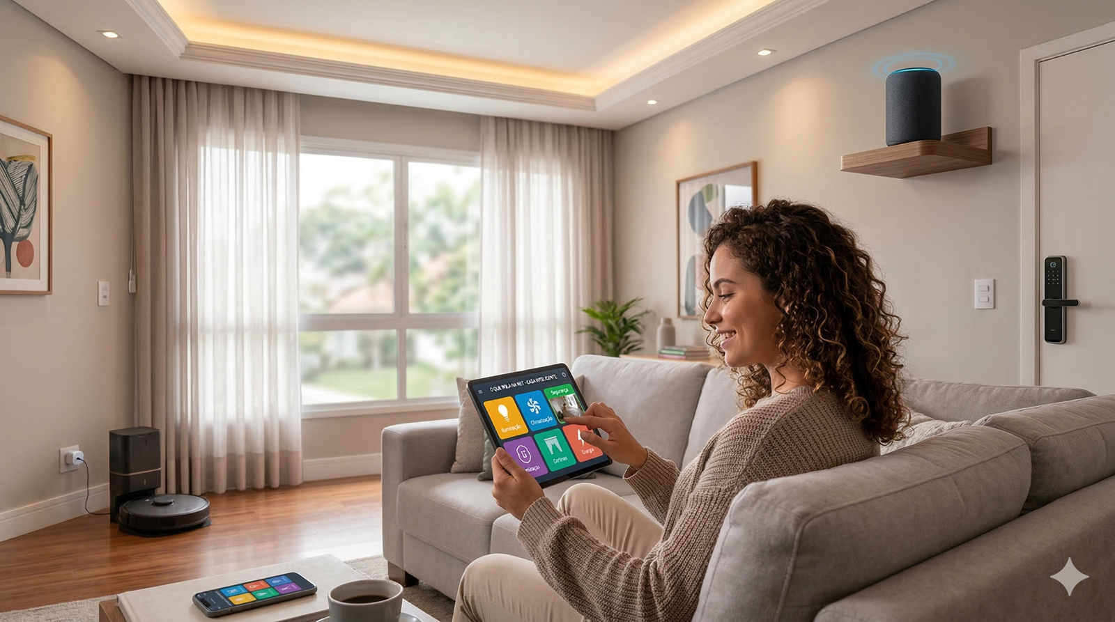 Interior de sala de estar moderna com interface de controle de casa inteligente em um tablet.