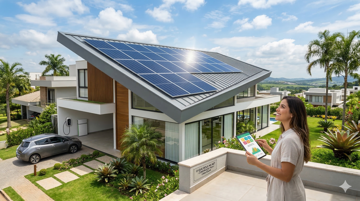 Painéis solares fotovoltaicos em telhado de casa moderna com sistema de monitoramento via tablet.