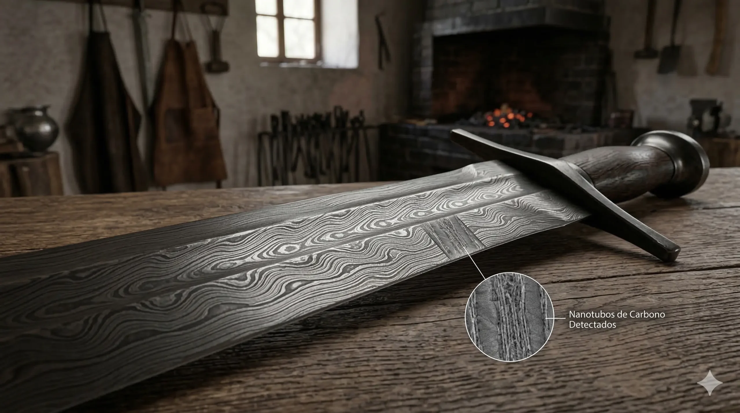 Detalhe macro do padrão ondulado de uma lâmina de aço de Damasco em uma forja antiga.